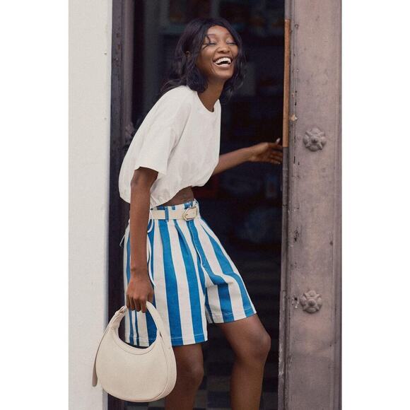 Maeve by Anthropologie Women's Blue & White Parasol Stripe Dad Shorts Size 2 - Picture 2 of 13